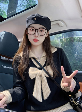 黑色设计感蝴蝶结半拉链毛衣女秋冬假两件宽松大码复古针织衫上衣