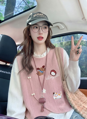 粉色甜美可爱风假两件卡通刺绣针织衫女秋冬宽松设计感小众毛衣女