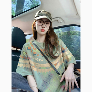 绿色彩绘涂鸦印花短袖 宽松显瘦潮牌高街风多巴胺上衣女 t恤女夏季