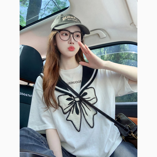 立体蝴蝶结刺绣短袖t恤女2026新款夏季韩系减龄设计感纯棉上衣ins