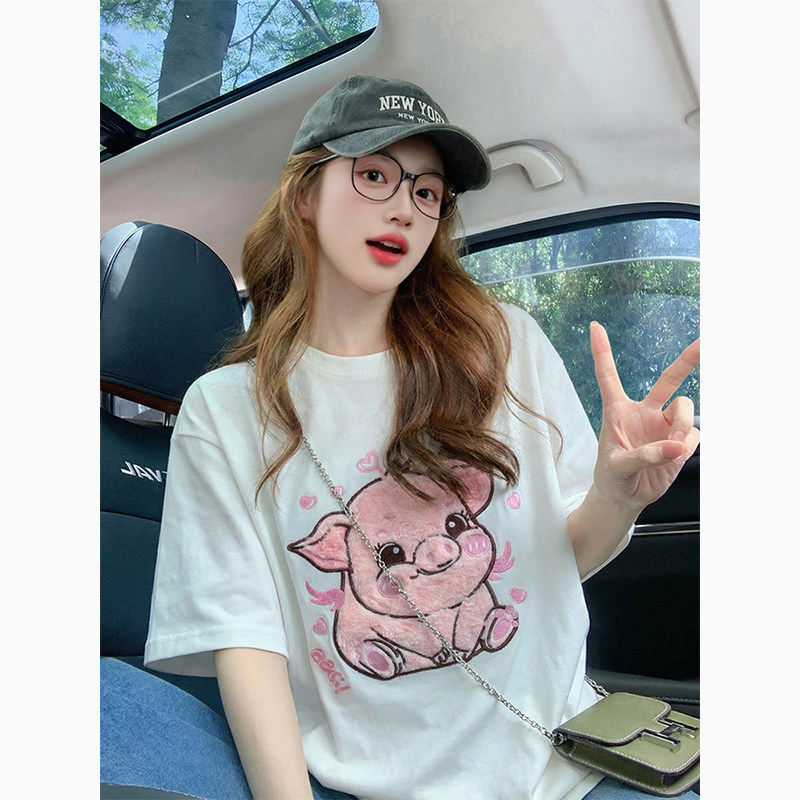 2026新款白色卡通绣花贴布短袖t恤女夏季小众宽松可爱减龄上衣女,女装/女士精品,T恤,淘宝优惠券,粉丝福利购,淘宝优惠卷