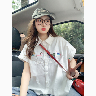 设计感正肩宽松防晒小飞袖 白色短袖 2025新款 女夏季 上衣衬衣女 衬衫