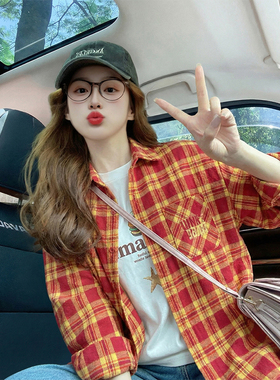 橙色格子潮牌开衫长袖衬衫女春季小众减龄轻薄防晒情侣上衣外套女