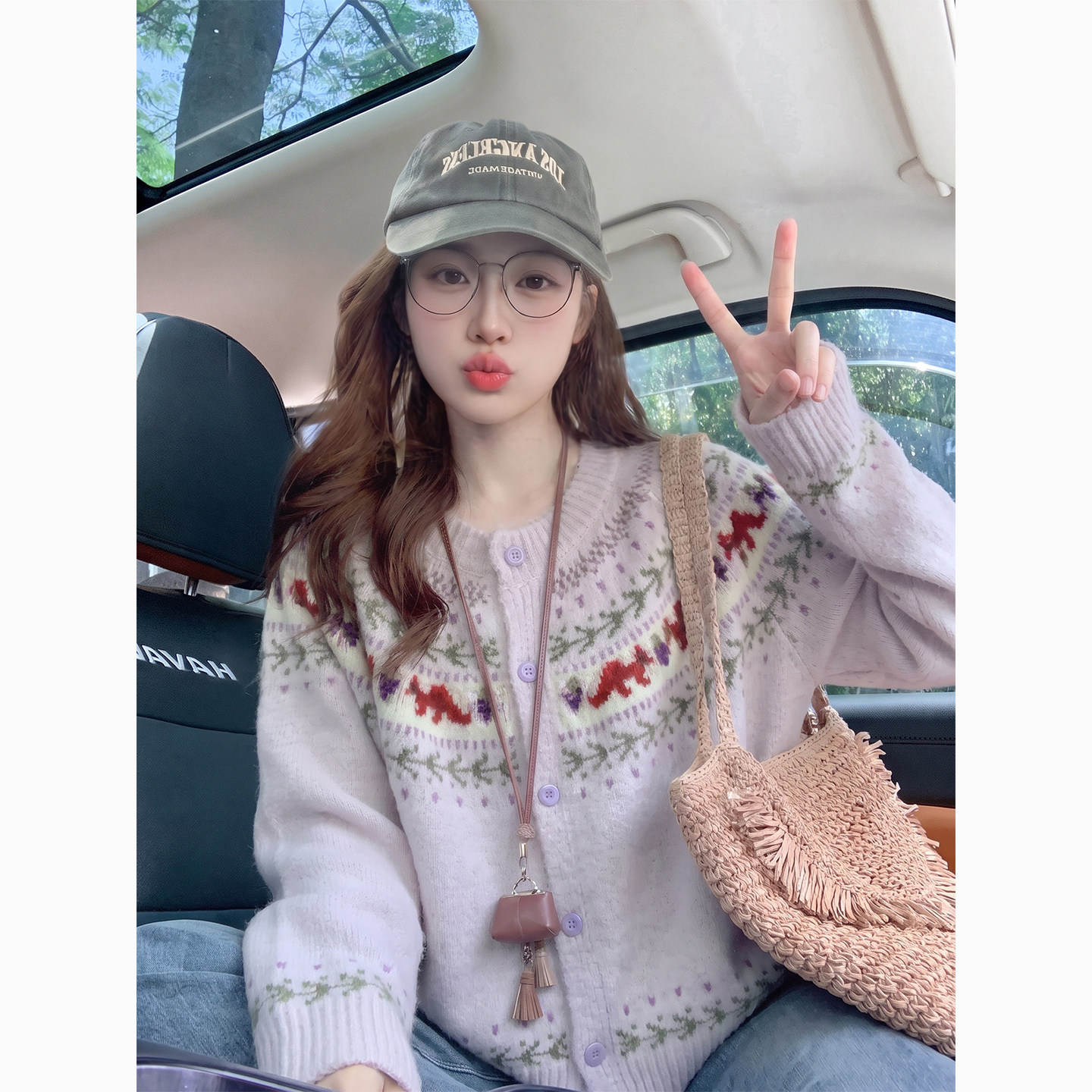 紫色费尔岛提花毛衣外套女秋冬2026新款软糯复古小个子开衫针织衫