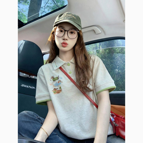 2026新款撞色绣花短袖t恤女夏季小众减龄可爱多巴胺穿搭上衣体恤