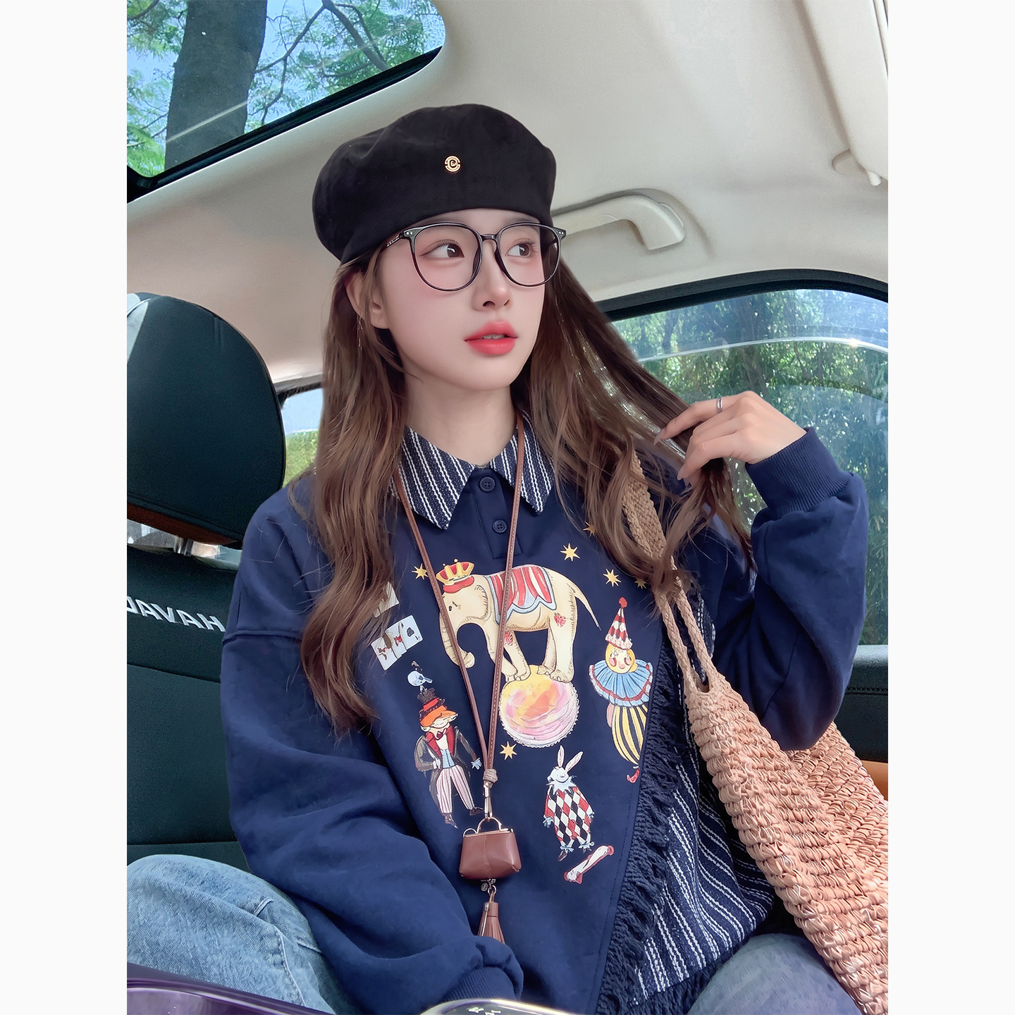 趣味卡通印花polo领卫衣女秋季2026新款学院风设计感拼接宽松上衣