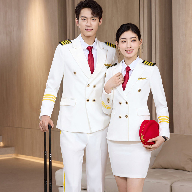 白色西装套装男女仪仗队军鼓表演出服航空高铁乘务员机长空姐制服