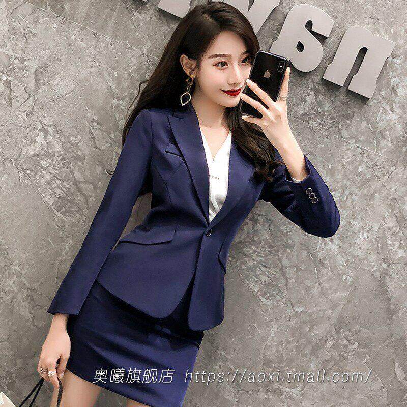 蓝色西装外套女韩版修身收腰秋季设计感小众休闲西服上衣职业套装