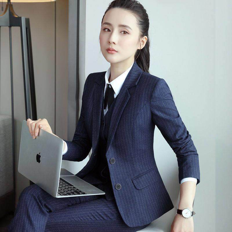 蓝色条纹西装套装女秋冬气质高端商务酒店经理职业正装外套工作服