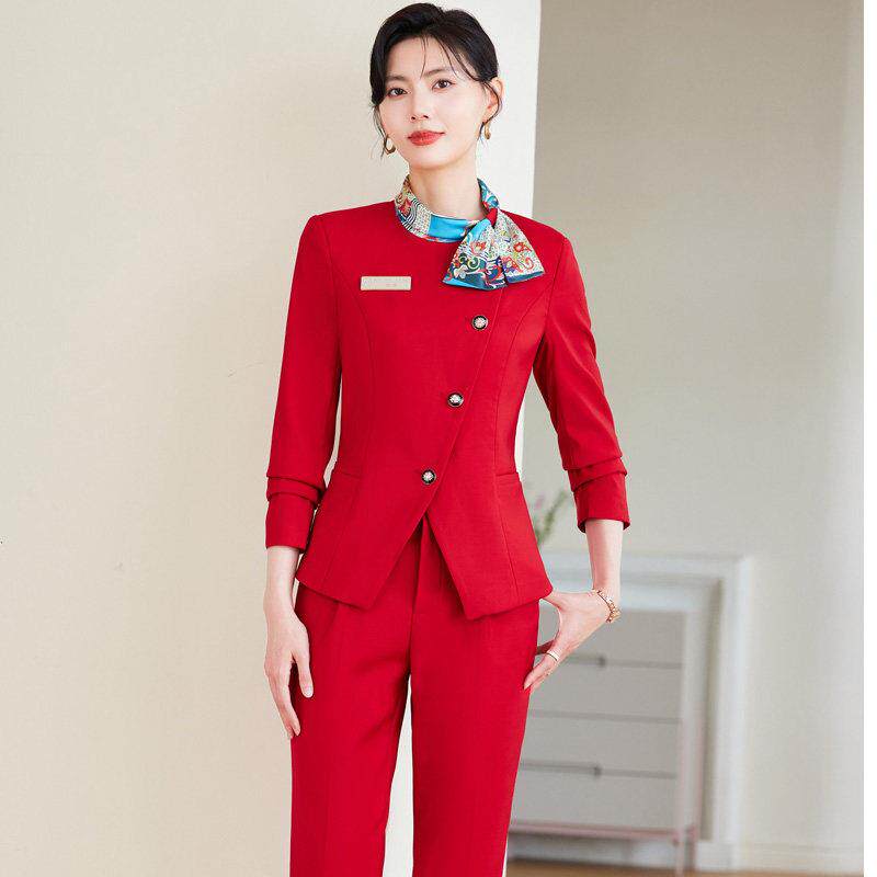 西装套装女秋冬气质空姐制服酒店前台美容院工作服大红色军鼓服装