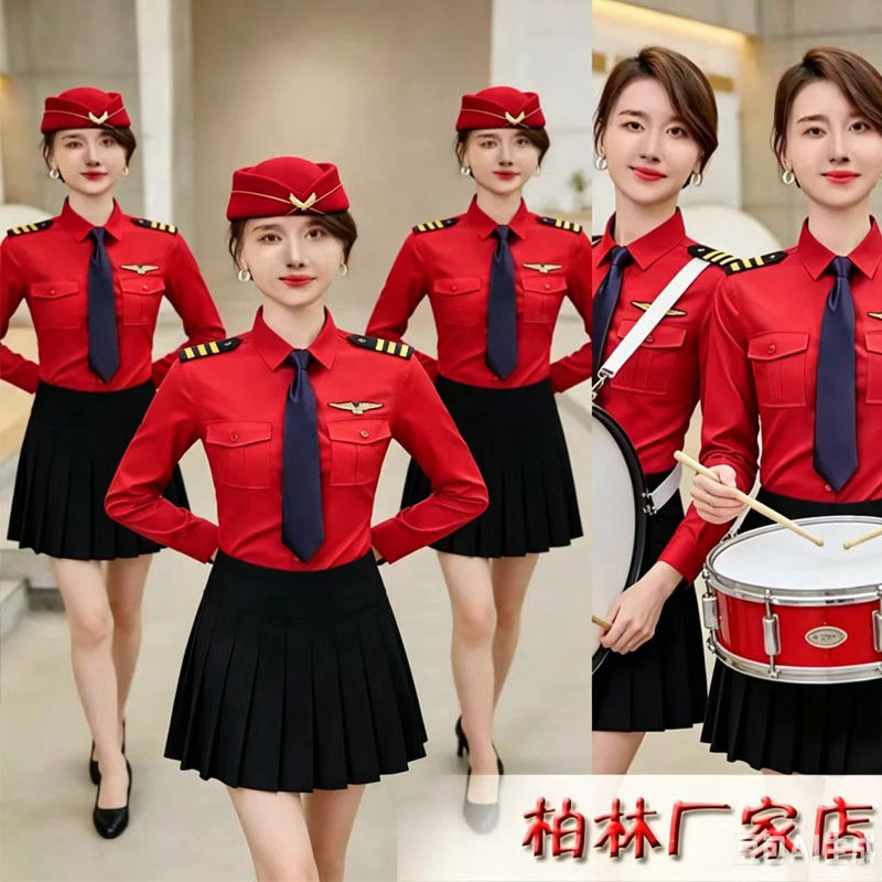 红色军鼓队演出服衬衫女长袖翻领肩章乐队制服空姐乘务员职业装