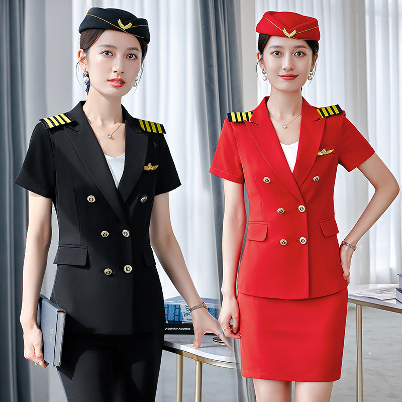 大红色空姐制服女乐团仪仗队打军鼓演出服装锣鼓队短袖西服套装夏