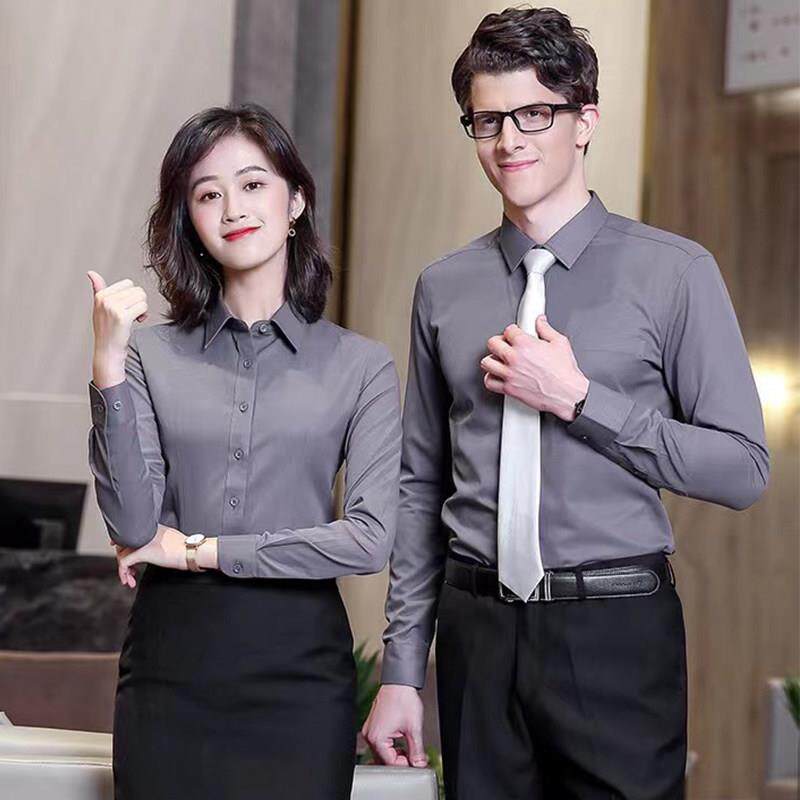 男女深灰同款职业装正装衬衫套装衬衣长短袖教师工作服定制绣LOGO