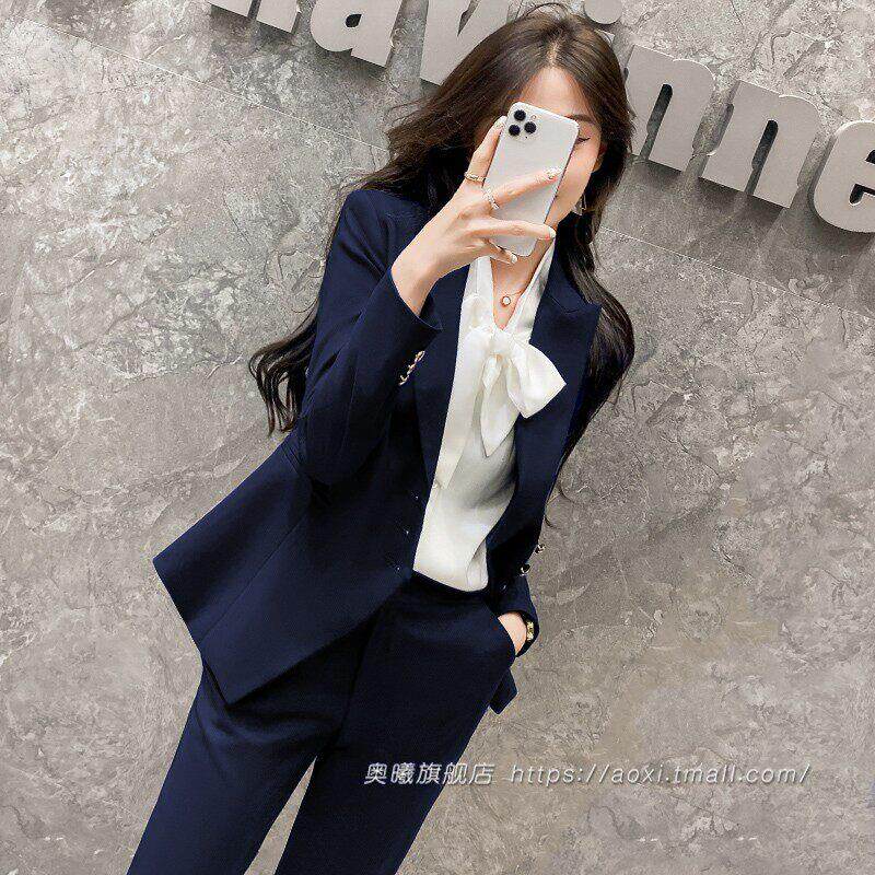 蓝色西装套装女2024新款春秋职业装气质高端美容院工作服西服套装