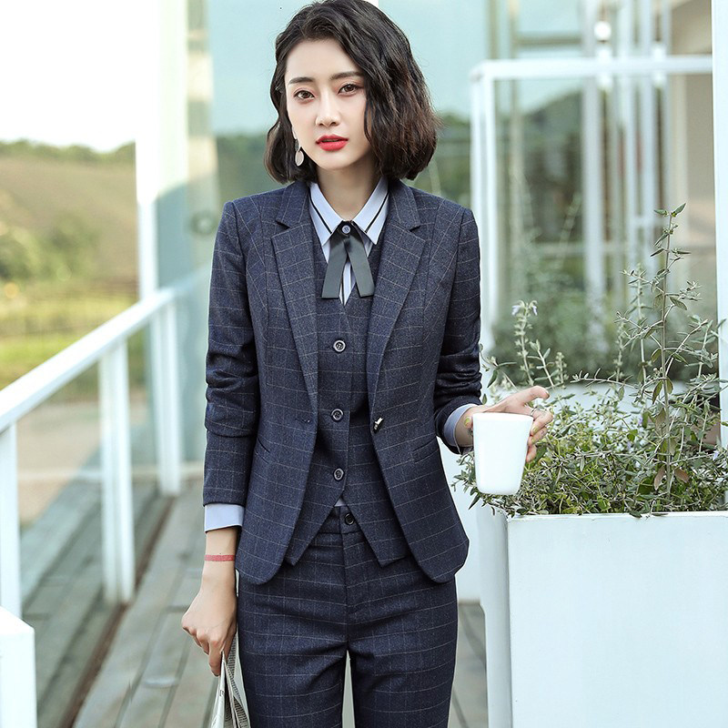新款高端时尚格子西装套装女英伦风休闲上班职业装工作服正装工装