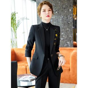 黑色西装套装女高端气质女神范高级感设计感职业刺绣西服外套春秋