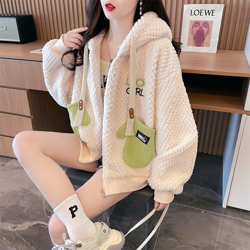 双面羊羔绒保暖拉链开衫字母刺绣