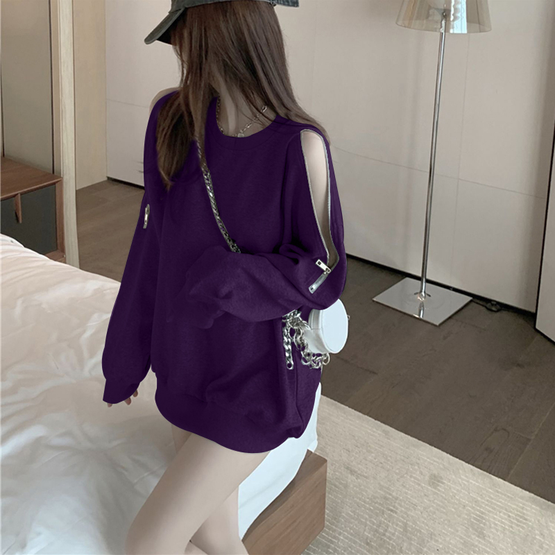 薄款宽松华棉复合拉链露肩圆领