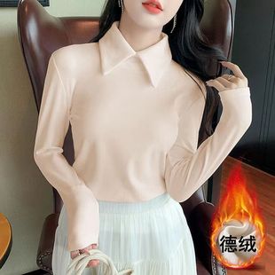 欧货polo领德绒打底衫女秋冬衬衫领洋气内搭磨毛加厚保暖翻领上衣
