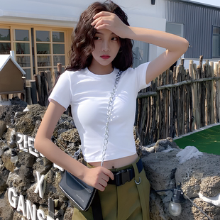 高腰ins潮 小款 小众简约辣妹上衣设计感白色短款 t恤女短袖 紧身修身
