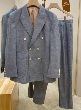 lp男装25SS新款灰色千鸟格纹西服套装天丝亚麻混纺双排扣西装单西