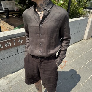 lp男装春夏新款休闲亚麻衬衫简约百搭棕色老钱长袖衬衣防晒衣外套
