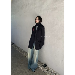 日了个韩｜宽松设计款高级感可拆卸围脖飘带廓形中长款西装外套女