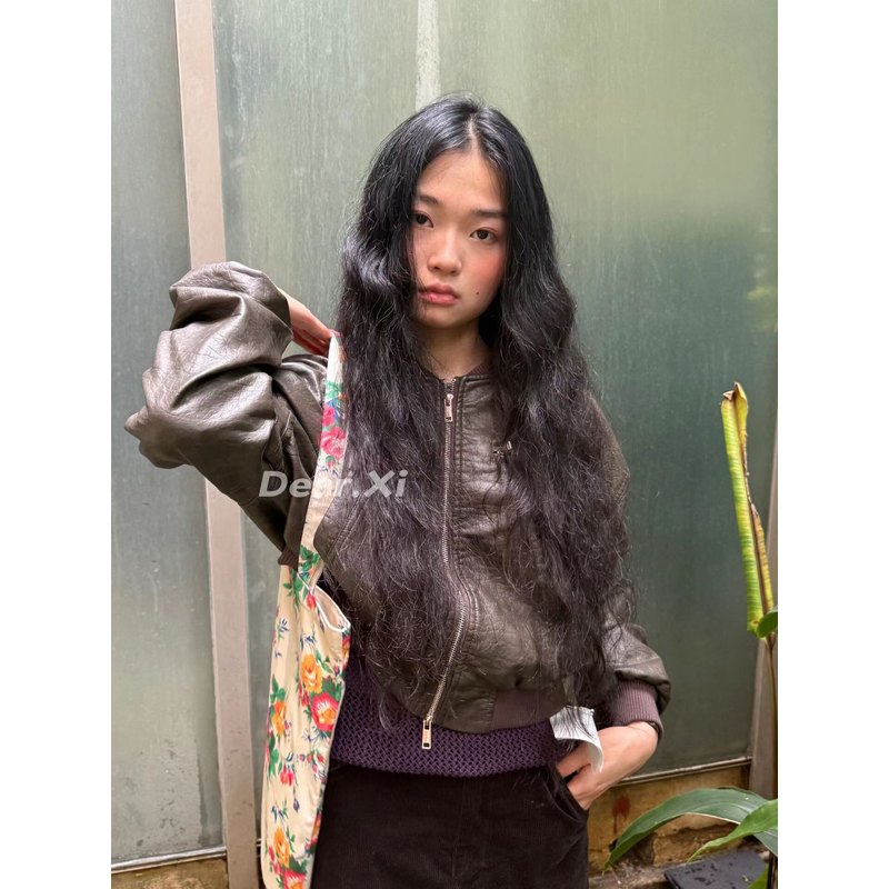 日了个韩｜复古宽松显瘦双头拉链短款pu皮衣夹克外套棒球服机车服