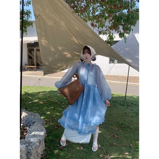 日了个韩|在逃公主裙温柔风木耳花边灯笼袖轻薄长袖防晒衫连衣裙