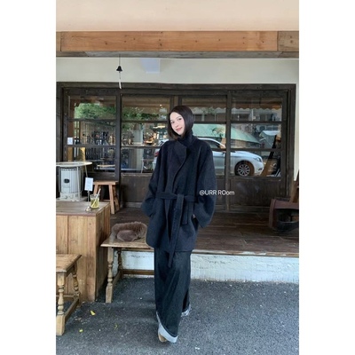 日了个韩｜宽松腰带收腰显瘦中长款立领双面羊绒羊毛呢子大衣外套