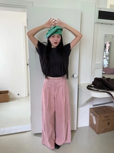 日了个韩|宽松复古慵懒高腰显瘦松紧腰阔腿直筒压褶灯芯绒休闲裤