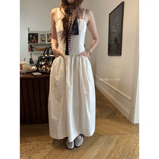 日了个韩|韩版ins高级感收腰显瘦压褶拼接抹胸吊带连衣裙长裙女