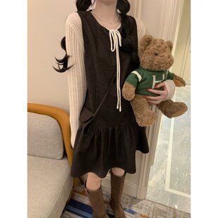 日了个韩｜韩版ins甜美宽松叠穿荷叶花边下摆背心连衣裙配包包女