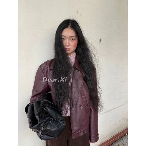 日了个韩｜2026秋复古廓形挺括显瘦大翻领pu皮衣夹克外套机车服女