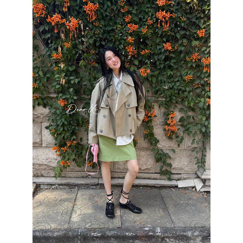 日了个韩｜宽松英伦风廓型双层大翻领双排扣小个子短款风衣外套女