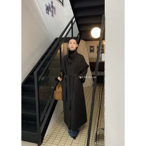 日了个韩｜宽松复古时髦设计款高级感绑带收腰长款立领风衣外套女