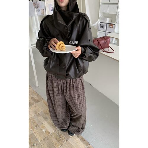 日了个韩｜2026秋复古廓形双排扣大翻领立领pu皮衣夹克外套机车服