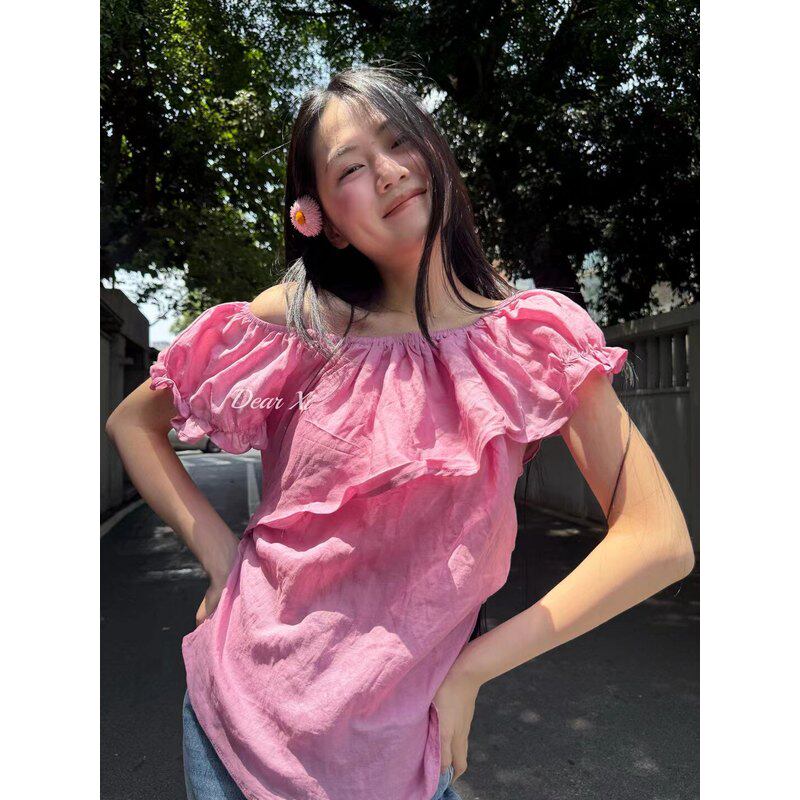 日了个韩｜甜美显瘦荷叶花边泡泡袖褶皱一字肩亚麻短袖小衫上衣女