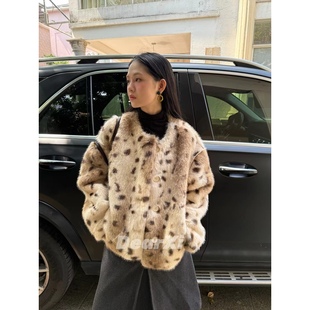 日了个韩｜宽松加厚保暖皮毛一体短款 圆领豹纹环保毛皮草毛毛外套