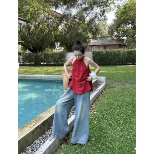 日了个韩｜宽松复古设计款高腰显瘦抽绳洗水做旧阔腿牛仔裤拖地裤