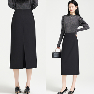 黑色职业西装半身裙春秋款高腰修身显瘦直筒包臀中长款开叉一步裙