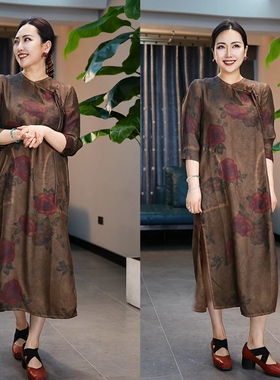 小众uma复古做旧炒色干枯玫瑰显瘦慵懒感清冷风道袍印花连衣裙