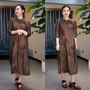 小众uma复古做旧炒色干枯玫瑰显瘦慵懒感清冷风道袍印花连衣裙