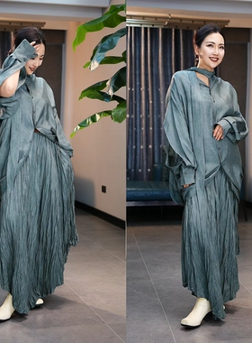 小众uma风复古做旧脏染炒色宽松显瘦长袖衬衫/不规则百搭半身裙