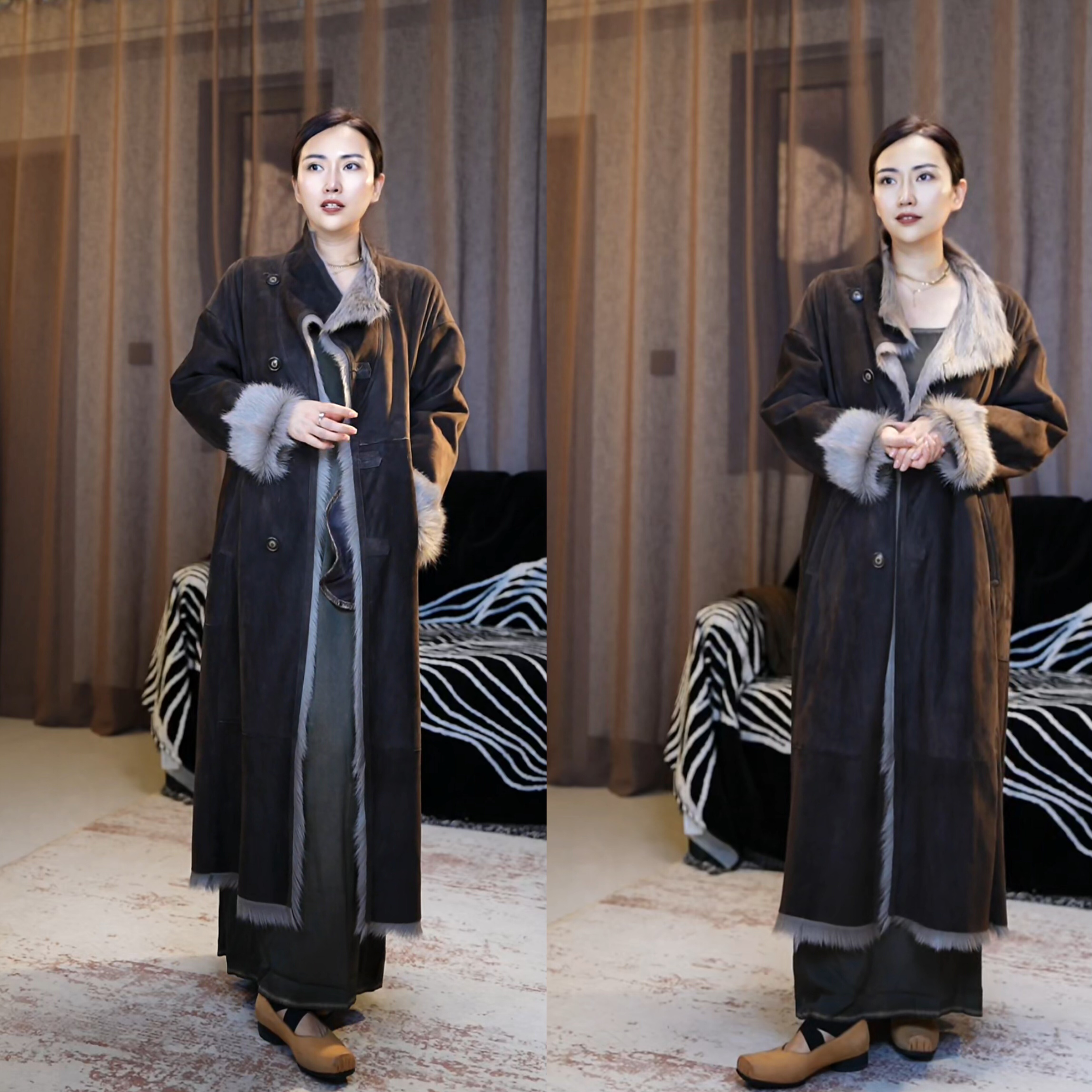 秋冬新款进口小胡羊皮毛一体女士墨绿色大衣