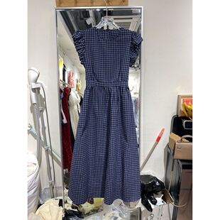 格子飞飞袖A字连衣裙女收腰系带2026夏新款显瘦气质后背露腰长裙