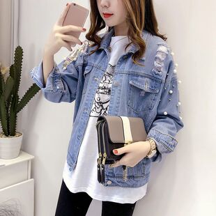 浅蓝钉珠刺绣牛仔外套女宽松长袖破洞翻领短款洋气春秋牛仔上衣