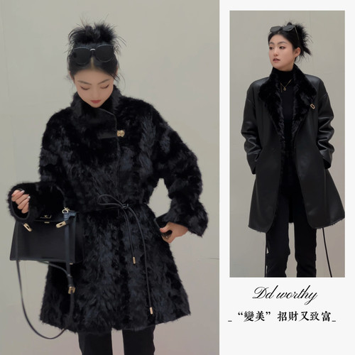 黑色加厚毛毛外套女冬季2025新款简约高级感中长款双面穿毛毛大衣