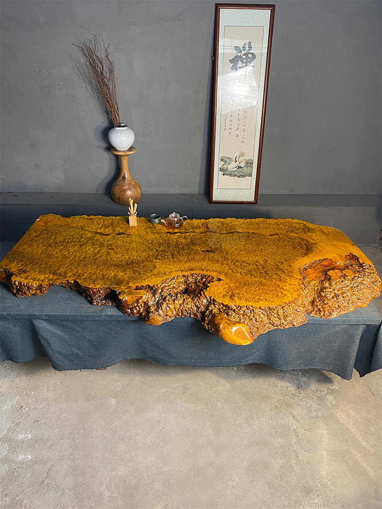 缅甸黄金樟整块实木满榴花大板桌茶空间美学茶艺休闲茶室泡茶桌