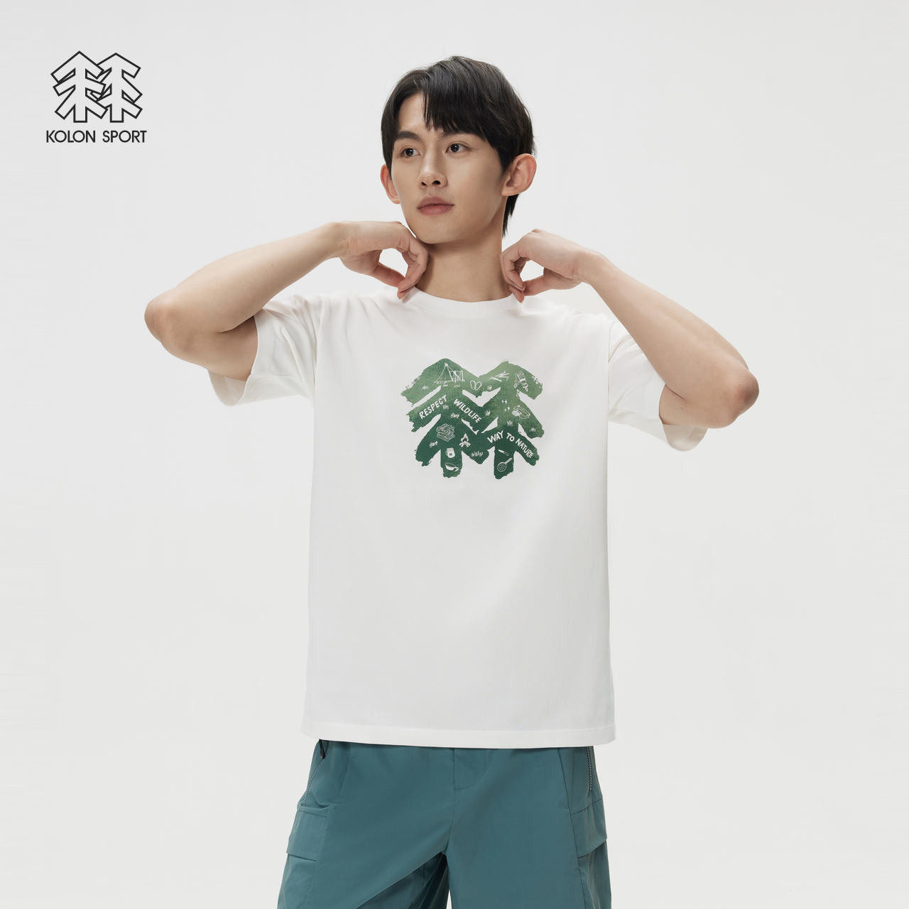KOLON SPORT可隆短袖T恤男女同款半宽松图案印花圆领垂坠感上衣
